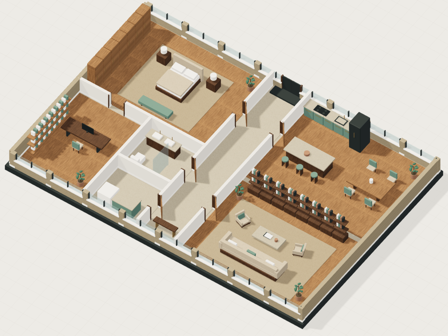 The same floor furnished with living spaces, a kitchen, bedroom and study.